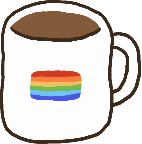 A mug with a brown liquid inside it. It is white with a rainbow pride flag on it.